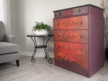 Load image into Gallery viewer, Vintage Stag Chest of Drawers Hand Painted Boho Blends, Orange &amp; Red
