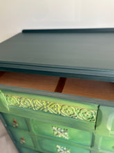 Load image into Gallery viewer, Hand Painted Vintage Chest of Drawers, Forest Green Furniture, Ornate Detail, One of a Kind
