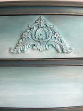 Load image into Gallery viewer, Hand Painted Vintage Mahogany Chest of Drawers | Bow Fronted, Deep Green, Blue &amp; Metallic Highlights
