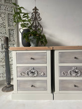 Load image into Gallery viewer, Pair of pine bedside drawers, cream/grey
