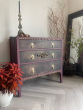 Load image into Gallery viewer, Vintage Hand Painted Chest of Drawers – Burgundy &amp; Gold Ornate Dresser, Upcycled Antique Style Furniture, Unique Boho Statement Storage
