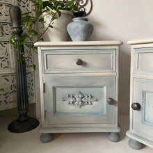 Load image into Gallery viewer, Pair of pine bedside cabinets, cream &amp; duck egg
