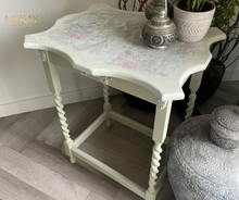 Load image into Gallery viewer, Vintage oak side table, sage green, floral top
