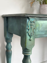 Load image into Gallery viewer, Hand painted vintage pine console table, green &amp; bronze, textured
