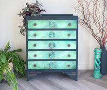 Load image into Gallery viewer, Vintage Painted Chest of Drawers, Forest Green and Turquoise Artisan Finish
