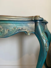 Load image into Gallery viewer, Ornate curved console table, blue, turquoise
