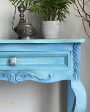 Load image into Gallery viewer, Turquoise Blue Hand Painted Pine Console Table. Boho Style
