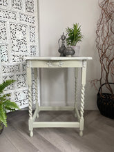 Load image into Gallery viewer, Vintage oak side table, sage green, floral top
