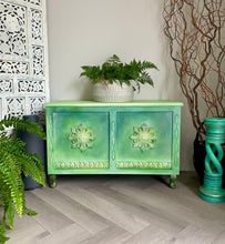 Load image into Gallery viewer, Hand-Painted Vintage Blanket Box – Green Blended Storage Chest – Boho Cottage Furniture – Upcycled Decorative Trunk
