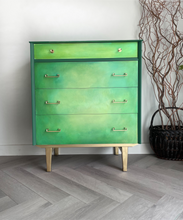 Load image into Gallery viewer, Hand Painted Green Chest of Drawers – Upcycled Furniture with Gold Legs – Unique Storage for Modern Homes
