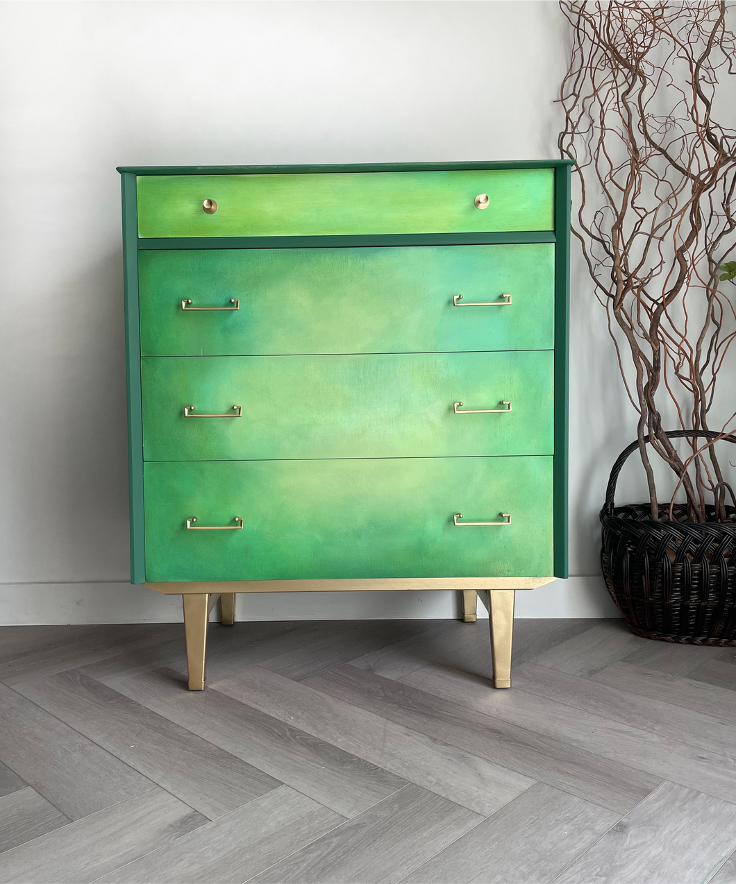 Hand Painted Green Chest of Drawers – Upcycled Furniture with Gold Legs – Unique Storage for Modern Homes