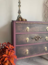 Load image into Gallery viewer, Vintage Hand Painted Chest of Drawers – Burgundy &amp; Gold Ornate Dresser, Upcycled Antique Style Furniture, Unique Boho Statement Storage

