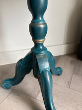 Load image into Gallery viewer, Hand Painted Pedestal Side Table | Vintage Boho Accent Table | Turquoise &amp; Bronze Patina Finish | Ornate Floral Top | Small Entryway Table
