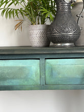 Load image into Gallery viewer, Hand painted vintage pine console table, green &amp; bronze, textured
