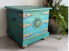 Load image into Gallery viewer, Hand Painted Vintage Storage Chest Coffee Table | Green Turquoise Blanket Box | Upcycled Wooden Trunk

