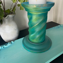 Load image into Gallery viewer, Wooden candle holder, hand painted green &amp; turquoise
