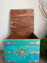 Load image into Gallery viewer, Hand Painted Vintage Storage Chest Coffee Table | Green Turquoise Blanket Box | Upcycled Wooden Trunk

