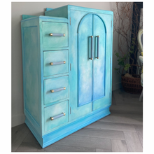 Load image into Gallery viewer, Art Deco small oak wardrobe with drawers, turquoise
