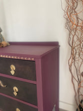 Load image into Gallery viewer, Vintage Hand Painted Chest of Drawers – Burgundy &amp; Gold Ornate Dresser, Upcycled Antique Style Furniture, Unique Boho Statement Storage
