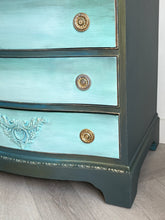 Load image into Gallery viewer, Hand Painted Vintage Mahogany Chest of Drawers | Bow Fronted, Deep Green, Blue &amp; Metallic Highlights
