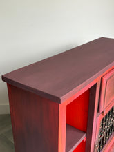 Load image into Gallery viewer, Boho style, hand painted slim cabinet. Red/orange solid wood console
