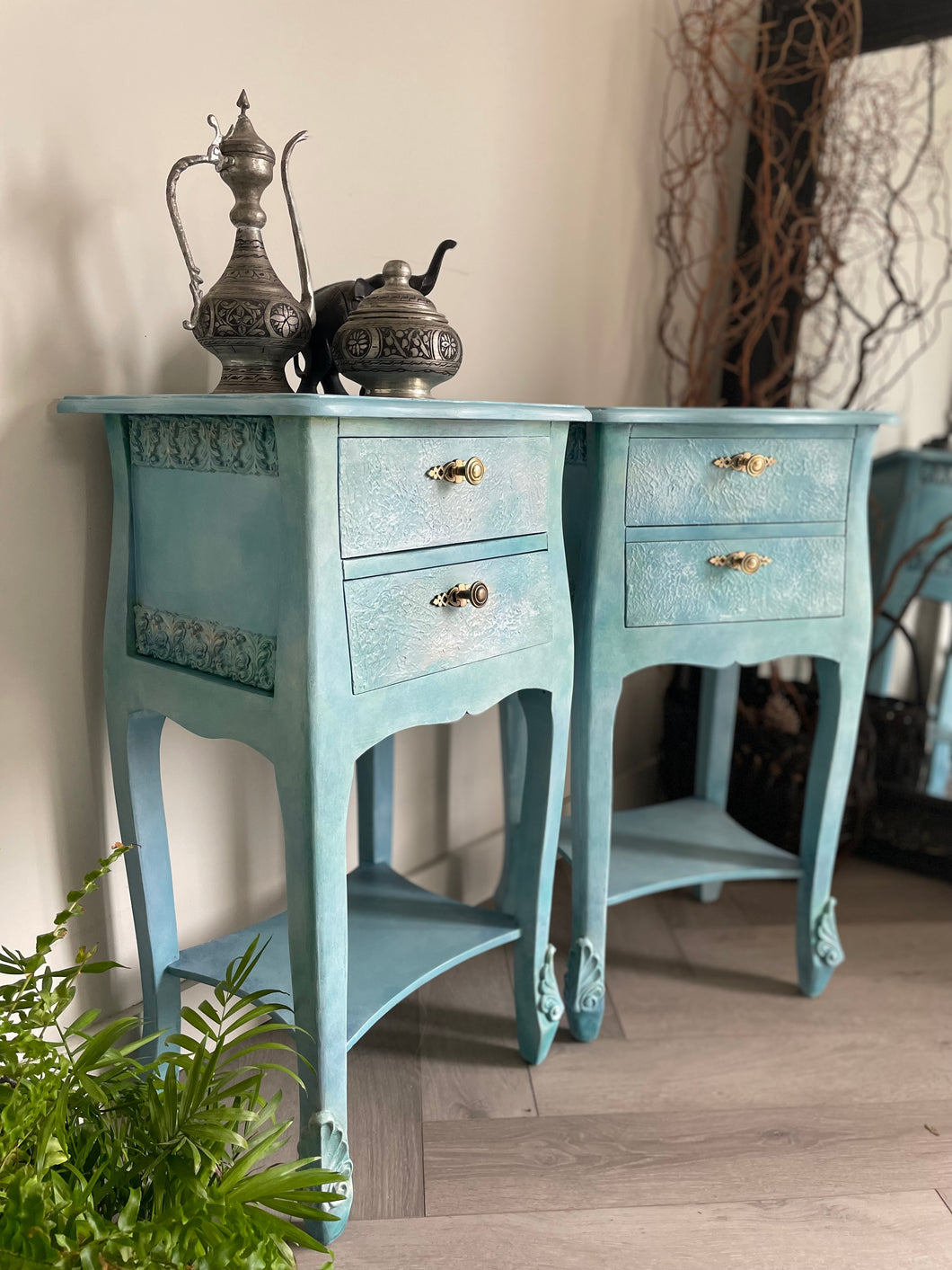 Hand Painted French Style Bedside Cabinets | Blue Vintage Nightstands | Shabby Chic Furniture | Distressed Upcycled Pair | French Style Bedroom Tables