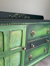 Load image into Gallery viewer, Hand Painted Oak Sideboard | Upcycled Green Storage Cabinet | Rustic Farmhouse Furniture
