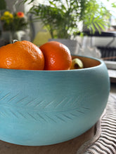 Load image into Gallery viewer, Turquoise Wooden Bowl Hand Painted Fruit Bowl Rustic Farmhouse Decor Carved Wood Centerpiece Boho Kitchen Table Decor Gift
