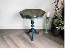 Load image into Gallery viewer, Hand Painted Pedestal Side Table | Vintage Boho Accent Table | Turquoise &amp; Bronze Patina Finish | Ornate Floral Top | Small Entryway Table
