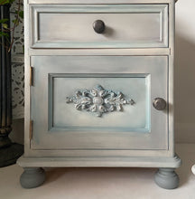 Load image into Gallery viewer, Pair of pine bedside cabinets, cream &amp; duck egg
