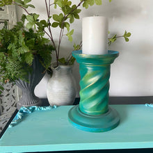 Load image into Gallery viewer, Wooden candle holder, hand painted green &amp; turquoise
