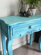 Load image into Gallery viewer, Turquoise Blue Hand Painted Pine Console Table. Boho Style
