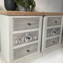 Load image into Gallery viewer, Pair of pine bedside drawers, cream/grey
