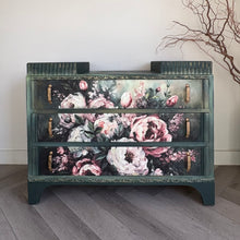 Load image into Gallery viewer, Vintage Hand Painted Floral Chest of Drawers, Deep Green Statement Furniture, Mid Century Dresser
