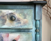 Load image into Gallery viewer, Hand painted pine chest of drawers, dark green and floral
