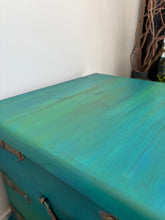 Load image into Gallery viewer, Hand Painted Vintage Storage Chest Coffee Table | Green Turquoise Blanket Box | Upcycled Wooden Trunk
