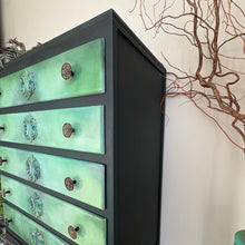 Load image into Gallery viewer, Vintage Painted Chest of Drawers, Forest Green and Turquoise Artisan Finish
