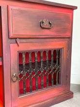 Load image into Gallery viewer, Boho style, hand painted slim cabinet. Red/orange solid wood console
