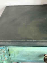 Load image into Gallery viewer, Hand painted vintage pine console table, green &amp; bronze, textured
