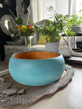 Load image into Gallery viewer, Turquoise Wooden Bowl Hand Painted Fruit Bowl Rustic Farmhouse Decor Carved Wood Centerpiece Boho Kitchen Table Decor Gift
