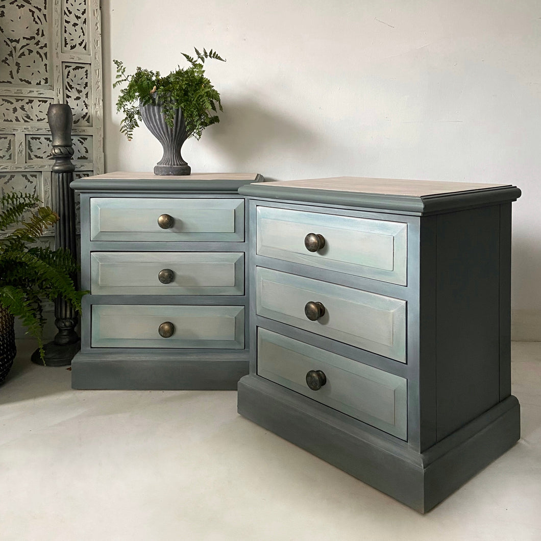 Pine bedside drawers, pair, painted green