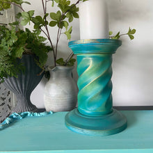 Load image into Gallery viewer, Wooden candle holder, hand painted green &amp; turquoise
