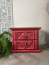 Load image into Gallery viewer, Hand painted boho bedside cabinet. Red pink drawers, Moroccan style
