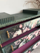 Load image into Gallery viewer, Vintage Hand Painted Floral Chest of Drawers, Deep Green Statement Furniture, Mid Century Dresser

