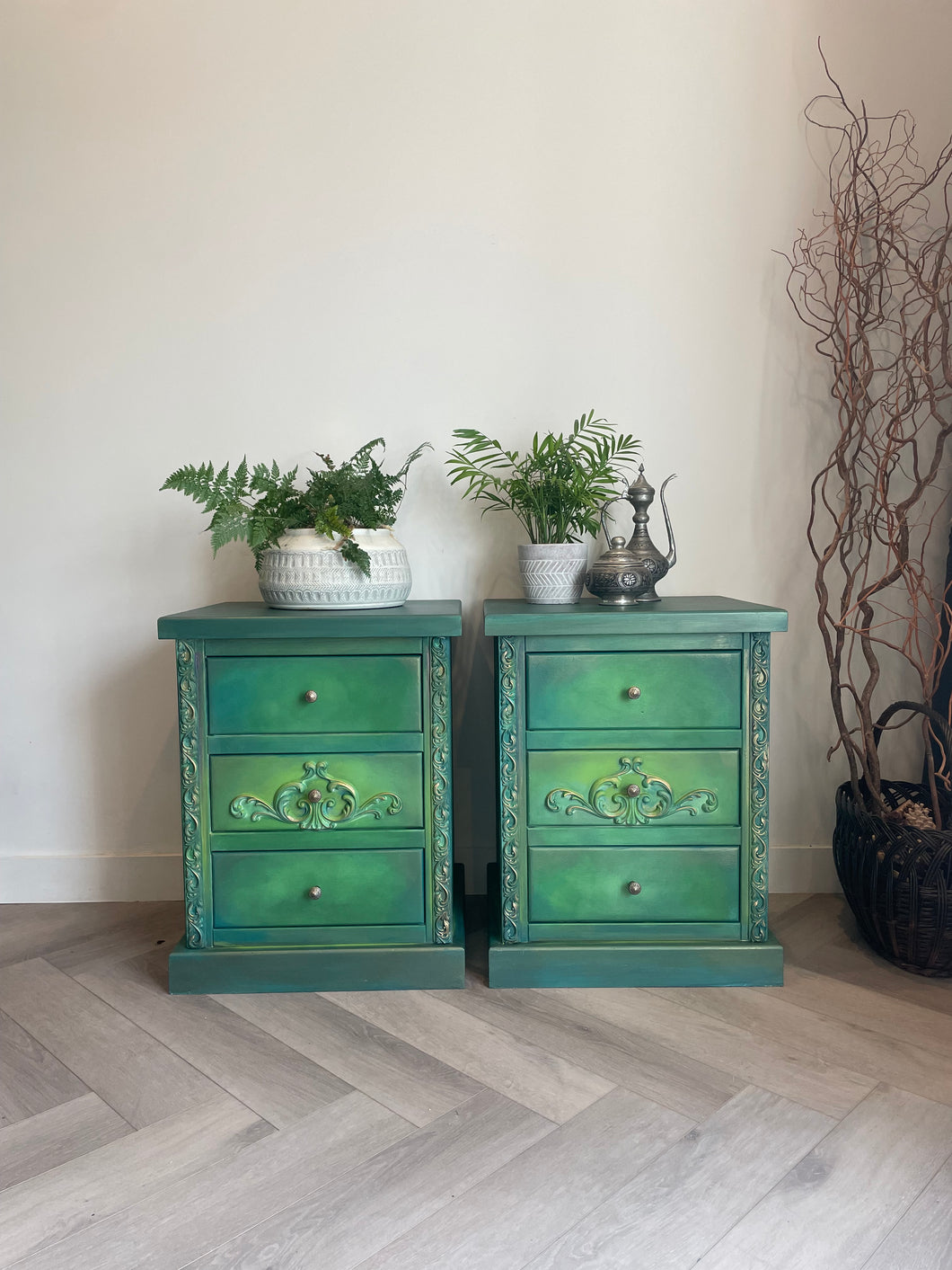Vintage pine pair of bedside drawers, hand painted green and gold