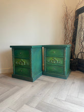 Load image into Gallery viewer, Vintage pine pair of bedside drawers, hand painted green and gold

