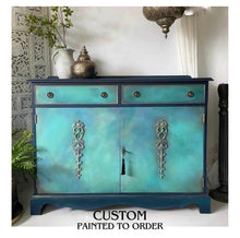 Load image into Gallery viewer, Vintage cabinet with drawers, small sideboard, blue and green hand painted boho
