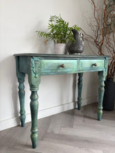 Load image into Gallery viewer, Hand painted vintage pine console table, green &amp; bronze, textured
