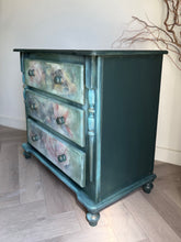 Load image into Gallery viewer, Hand painted pine chest of drawers, dark green and floral
