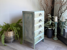 Load image into Gallery viewer, Mid century bedside drawers, hand painted sage green
